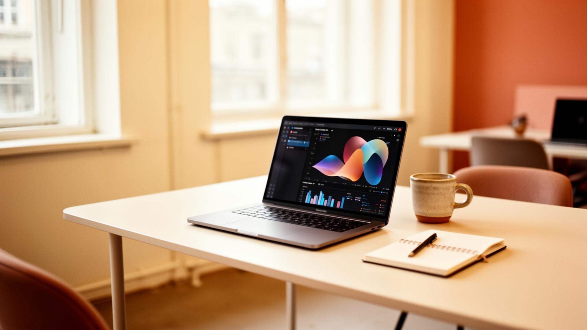 A bright, warm studio workspace with a laptop showing data visualizations